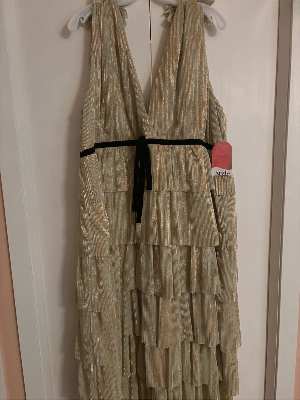 ARULA Champagne Metallic Tiered Halter Dress with Black Waistband